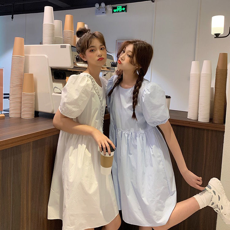 新款夏季韩版法式泡泡袖连衣裙学生超仙闺蜜裙子ins白色宽松版m105115