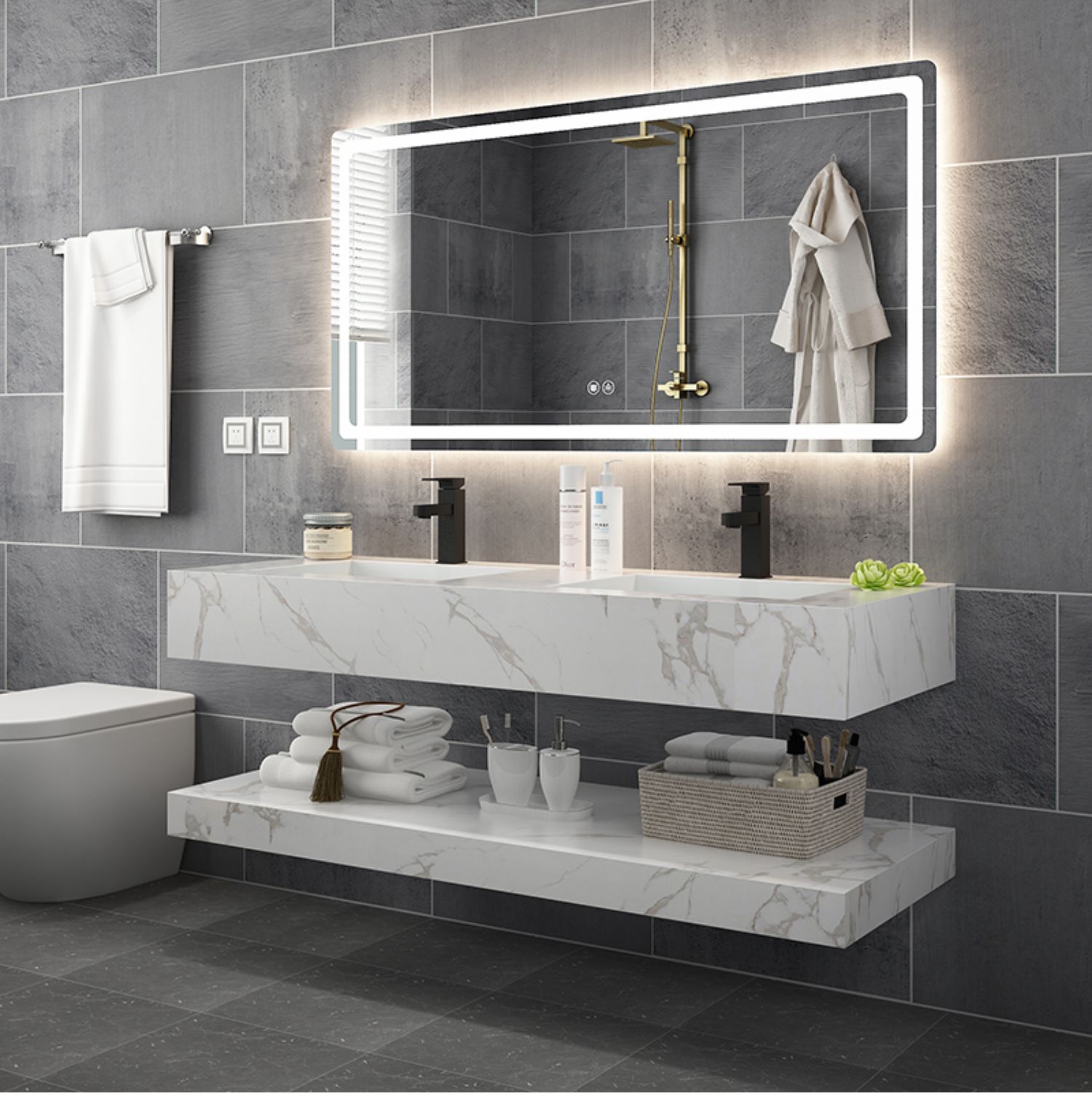 丰岩板一体盆浴室柜洗脸池洗漱台盆柜实木现代简约酒店风卫浴80cm套装