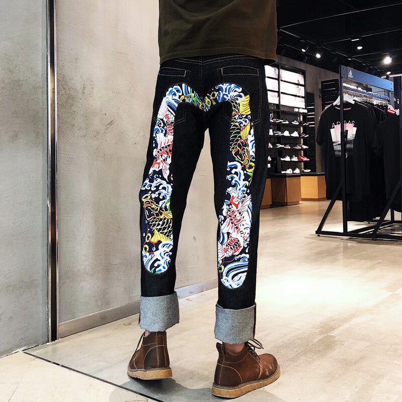 福神牛仔裤 原色牛仔裤男大m机械腿印花大白樱花宽松直筒刺绣长裤子