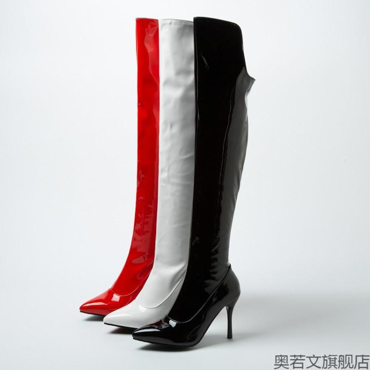 特大号高跟长靴女过膝细跟尖头性感情趣长筒靴超sm漆皮修身高筒靴超