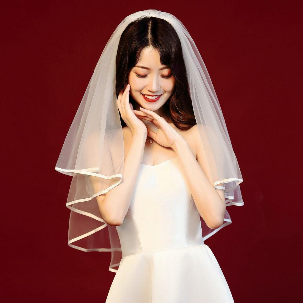 领证仪式感头纱小众设计跟拍头纱新娘头纱中长主婚纱双层拍照道具白色