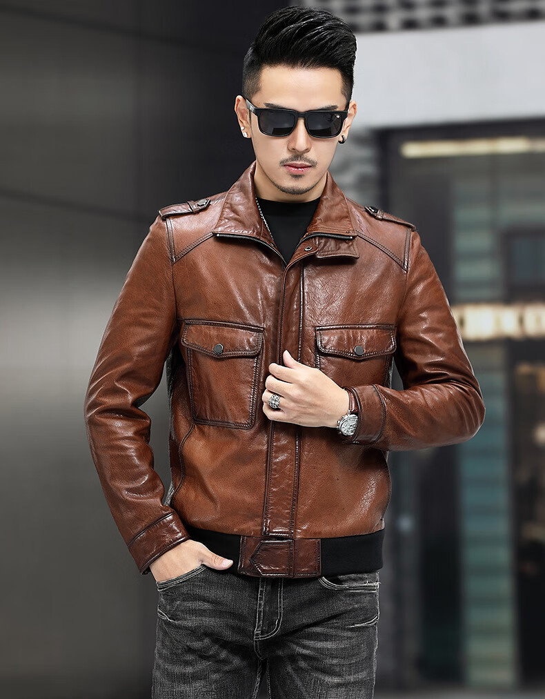 多口袋潮流皮衣男绵羊皮时尚休闲短款皮夹克韩版修身翻领外套男 棕色