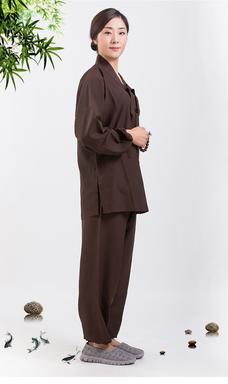 中老年女居士服女拜佛教衣服咖啡色浅灰色飘带台麻料男套装海青夏季薄