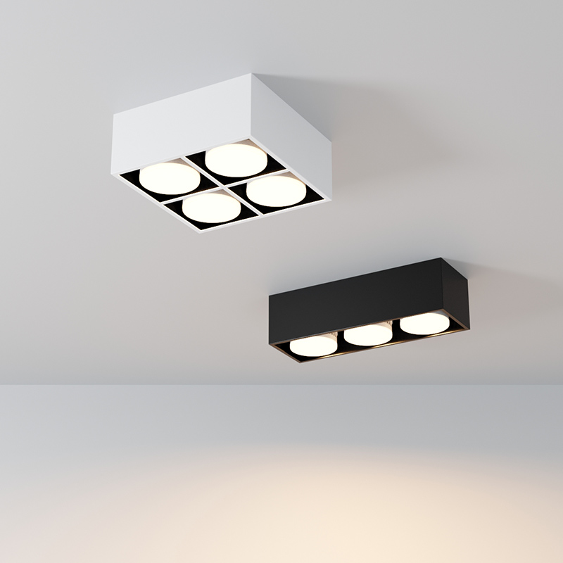 无主灯客厅照明led斗胆灯格栅灯射灯吸顶方形四头极简明装筒灯 外白内