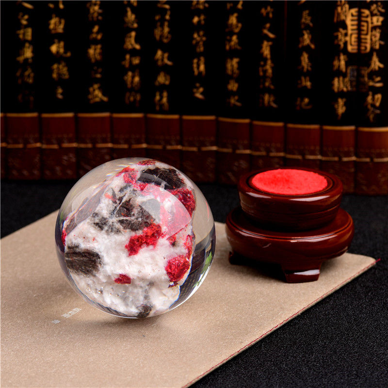 湘西朱砂原石风水球客厅办公室摆件转运天然辰砂100mm原石透光朱砂球