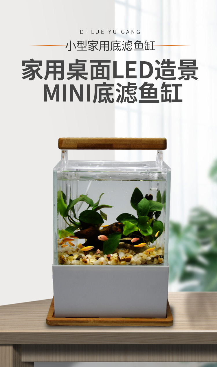 白自循环小鱼缸底滤生态微缸办公室小型迷你海水缸免换水景观黑色沉木