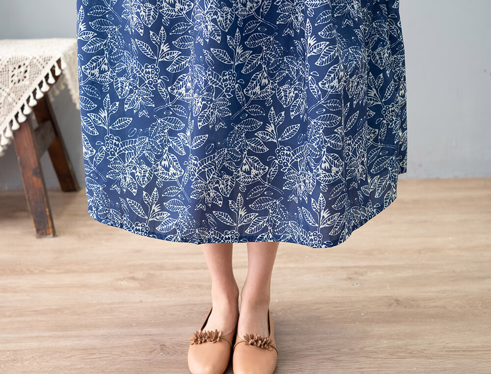 出口女装折扣系带收腰蓝色宽松棉麻碎花连衣裙2022新款女蓝色s