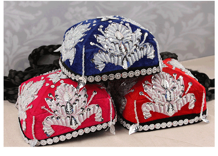 帽子男新疆舞头饰带辫子舞蹈表演亮片小花帽 蓝色(8根辫子款) 成人款