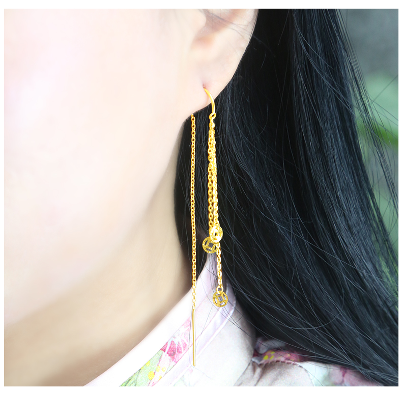 荟幽兰 黄金耳线999足金钱币弯钩耳钉金耳环流苏耳钩长款结婚金首饰