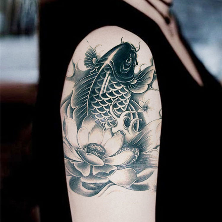 纹身贴草本锦鲤莲花富贵鱼防水纹身贴男女鲤鱼锦鲤手臂仿真花臂小腿