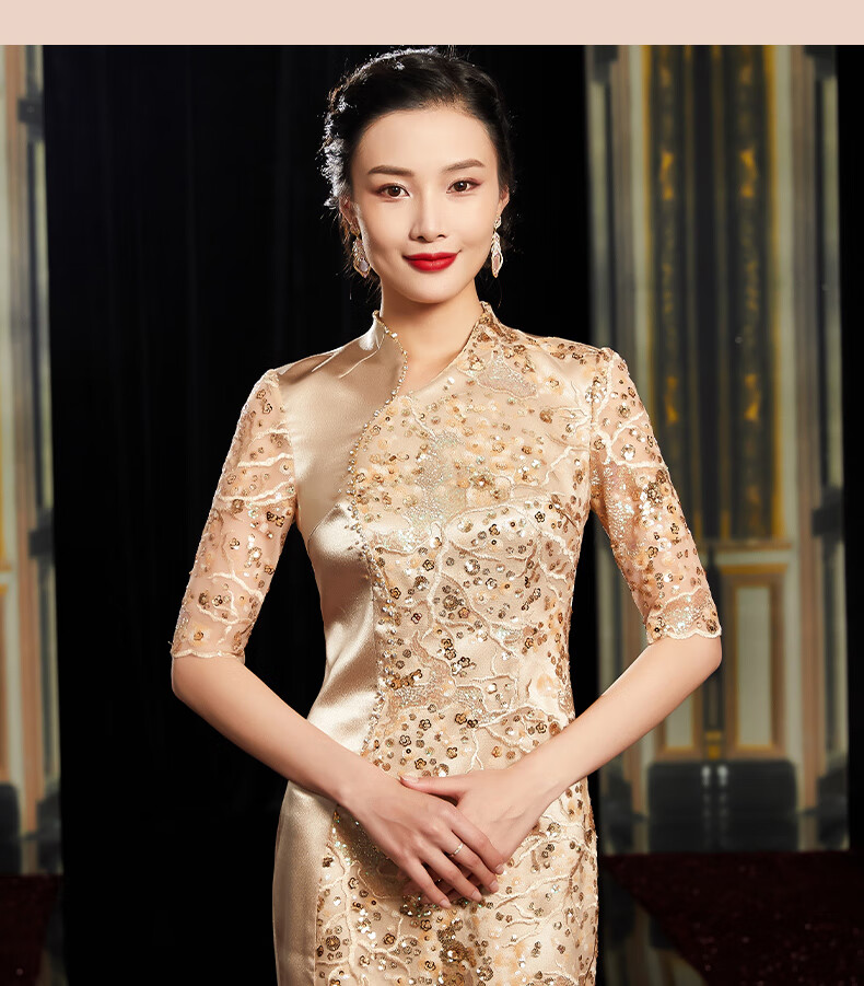 bianyemu香槟色喜婆婆婚宴装年轻妈妈婚宴礼服旗袍高贵结婚连衣裙晚