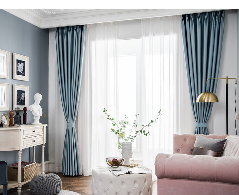 窗帘遮光轻奢北欧简约直播背景布遮光布避光客厅卧室全遮光窗帘布深蓝