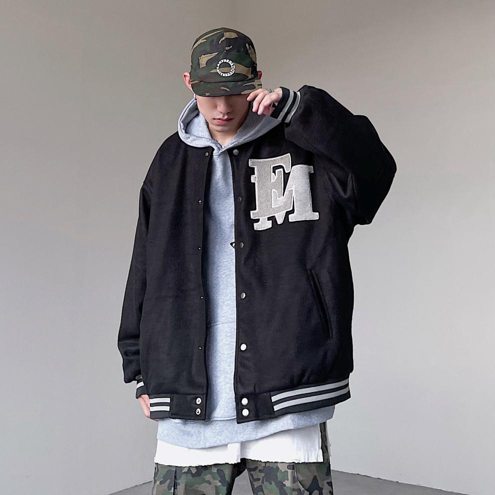 黑白述 美式高街十字架刺绣棒球服男潮牌vibe风夹克嘻哈外套秋 黑色