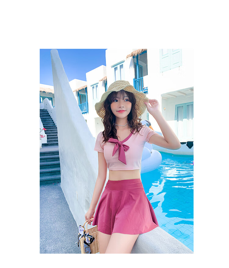 日系泳衣女甜美可爱软妹少女学生保守短袖温泉度假分体裙式ins风 粉色