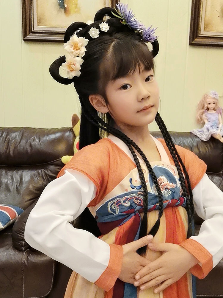 唐妮古装假发儿童古风汉服发髻造型女童牛角发包盘发辫子麻花组合造型