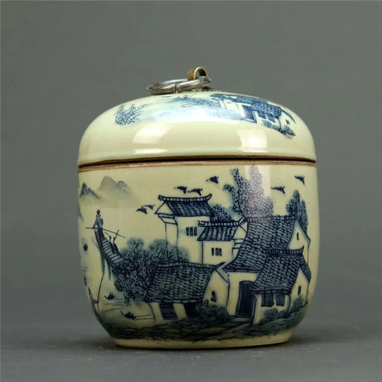 清雍正年制盖罐农村老瓷器茶叶罐古玩古董旧货老物件 青花山水【图片