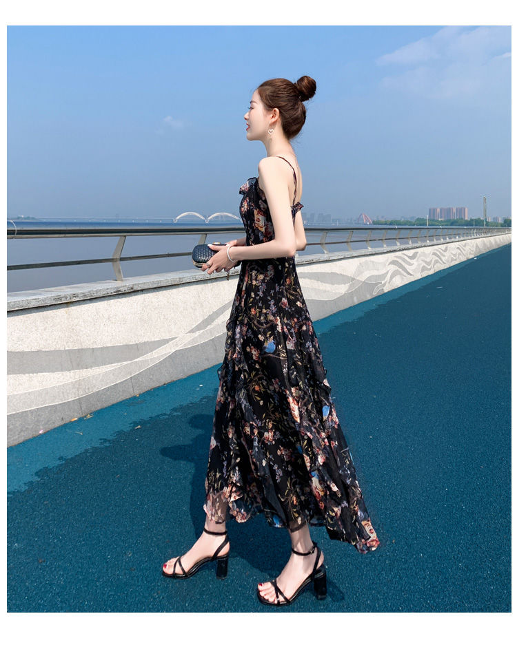 【女装新款】夏装2021新款碎花雪纺连衣裙法式吊带裙长裙修身显高显瘦