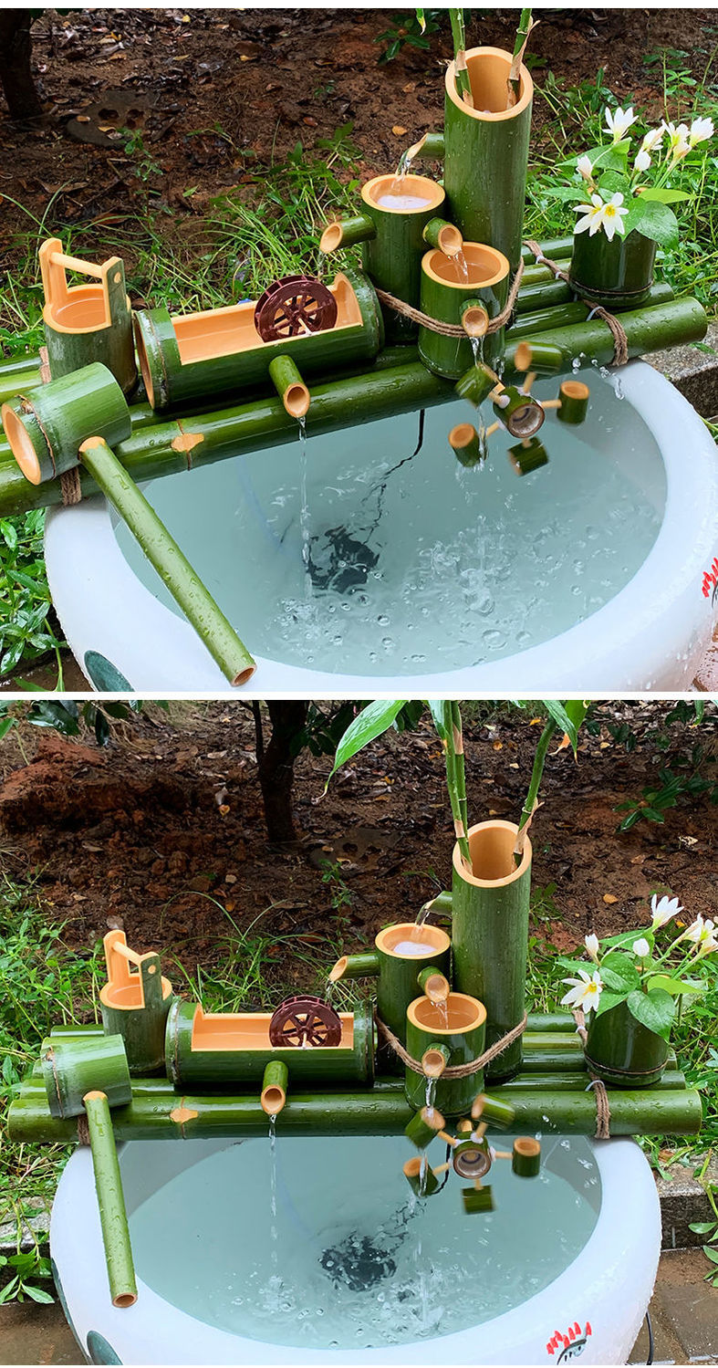 竹子流水器过滤器竹筒摆件陶瓷鱼缸石槽循环喷泉养鱼增氧加湿步步高升