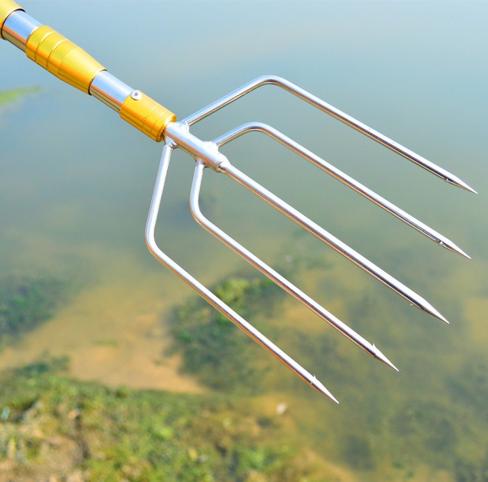 不锈钢小号5齿渔叉小倒刺可伸缩头8mm螺丝扣捕头中七圆叉6杆子10米