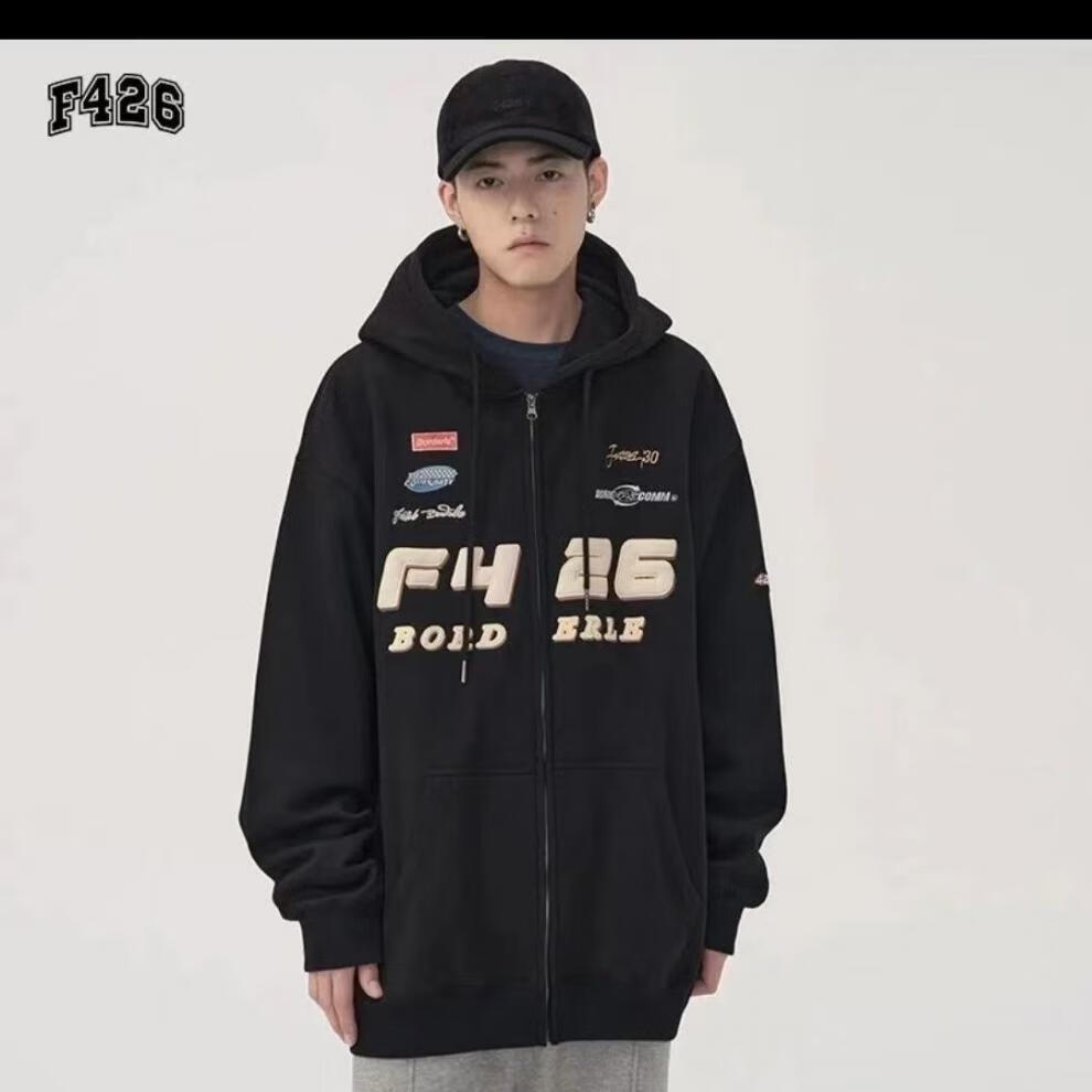 情侣炸街宽松赛车元素logo刺绣小标连帽卫衣外套 雾霾蓝(薄款) s(高