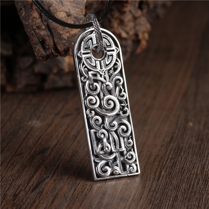 仁尼复古个性925银饰民族风长方形镂空雕花如意花纹项牌吊坠项链男女