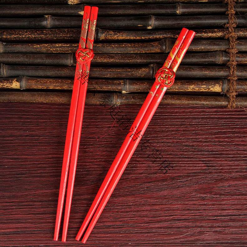 婚庆红筷子十双装竹木龙凤喜筷两双装锦缎布套包装大红喜庆结婚用烫金
