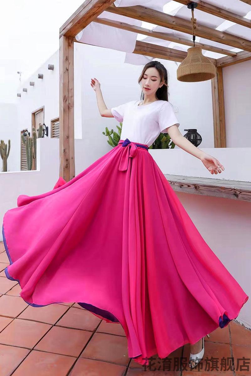 新疆舞大摆裙720度两面穿双色雪纺半身裙超大摆红色舞蹈裙新疆舞广场