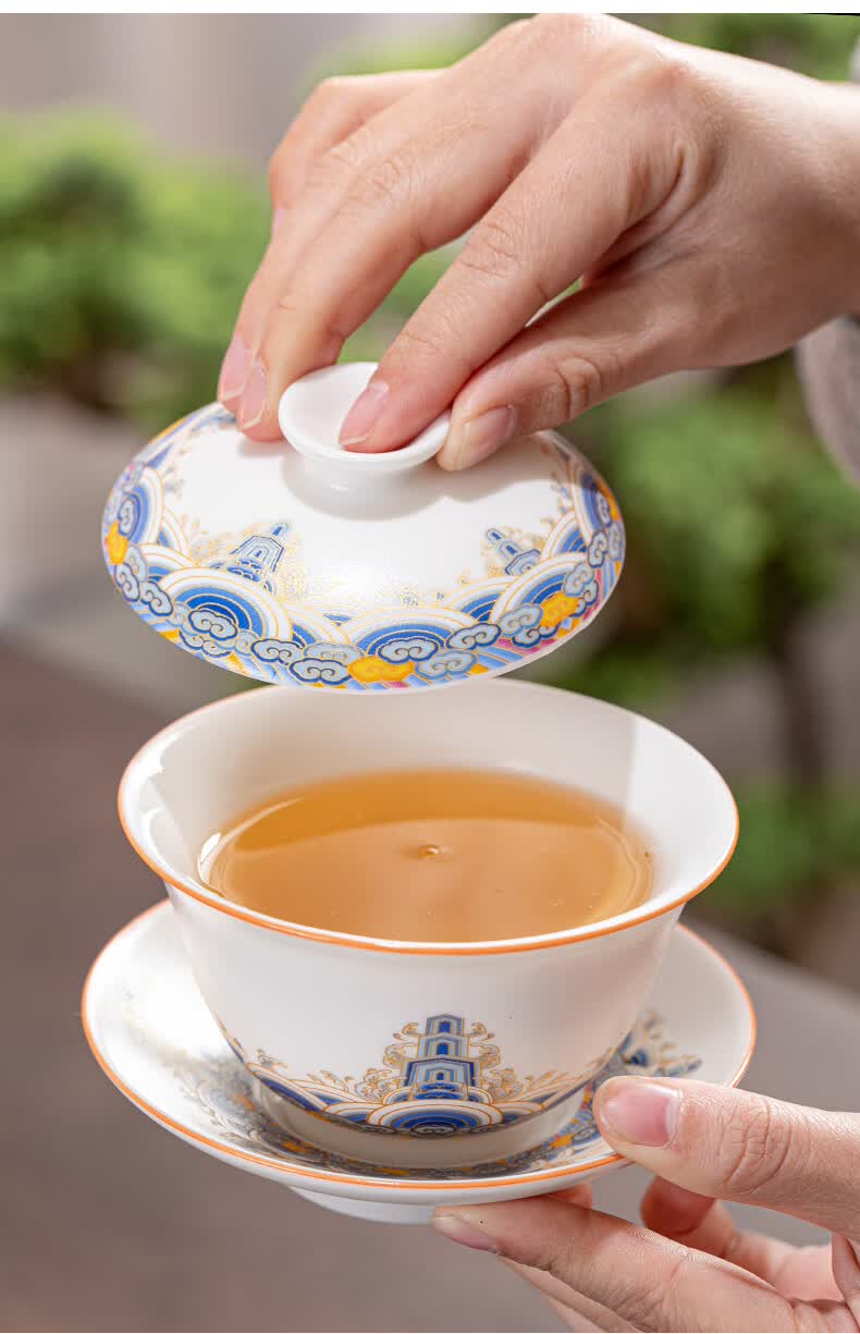 大碗茶杯 盖碗茶杯特大号陶瓷单个三才泡茶碗白瓷功夫茶具德化青花瓷