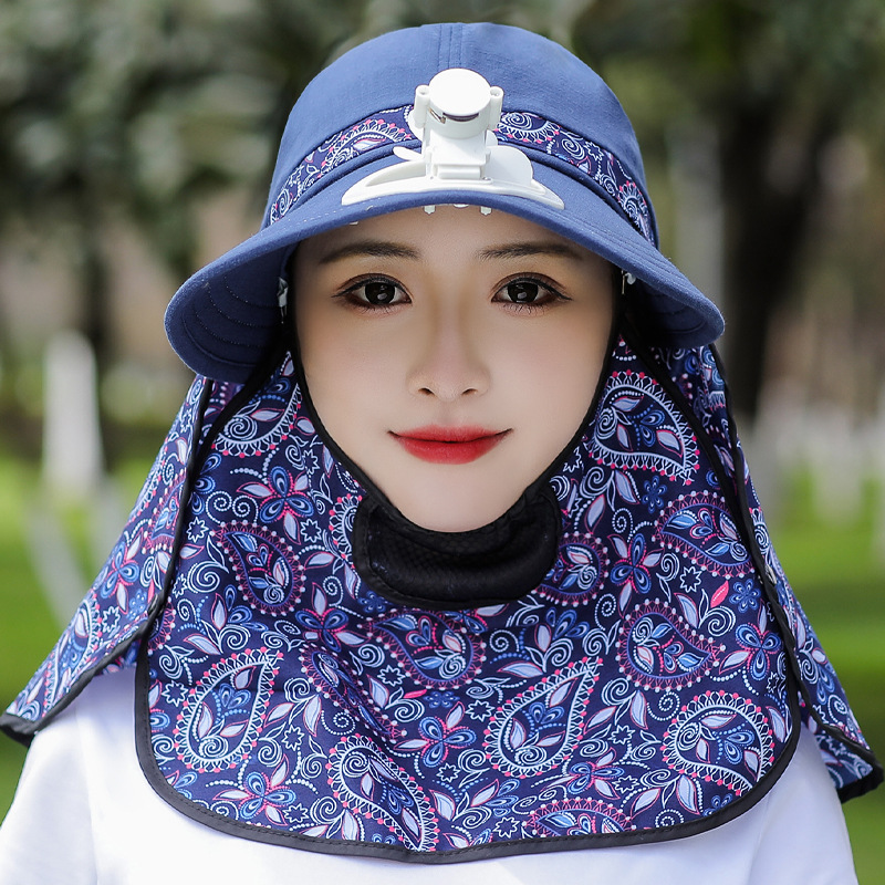 新款田园采茶帽女夏日遮阳防晒防晒遮阳骑行运动碎花带风扇帽子班彼凡