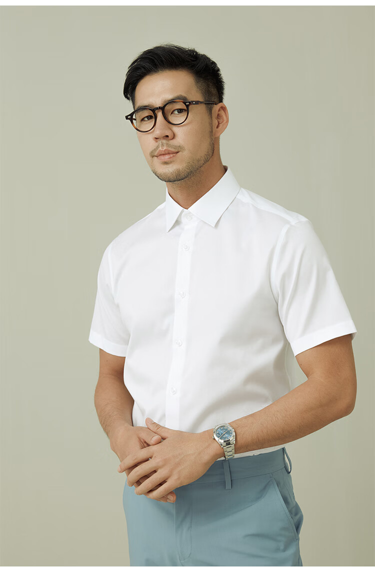 hany汉尼纯棉免烫易打理短袖白衬衫男商务修身高端抗皱半袖男士衬衣