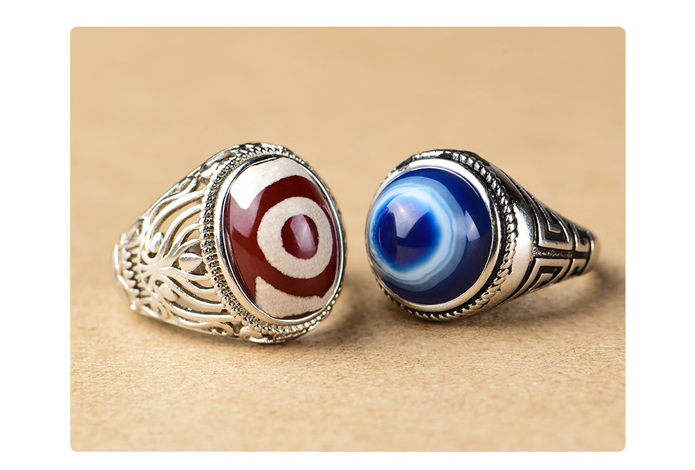 藏式天珠玛瑙戒指男士羊眼板珠复古个性简约活口天眼玛瑙指环女_碧笛