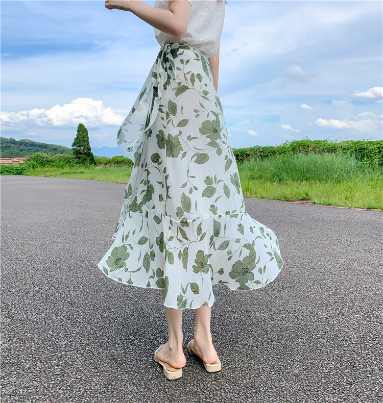 一片式半身裙女夏裹群油画法式雪纺碎花裙子年半裙荷叶边裙蓝底杜鹃花
