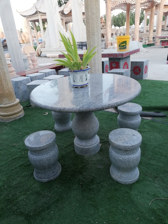 户外石头桌子庭院大理石石桌家用圆桌石雕桌椅一桌四凳直径90cm花瓶凳