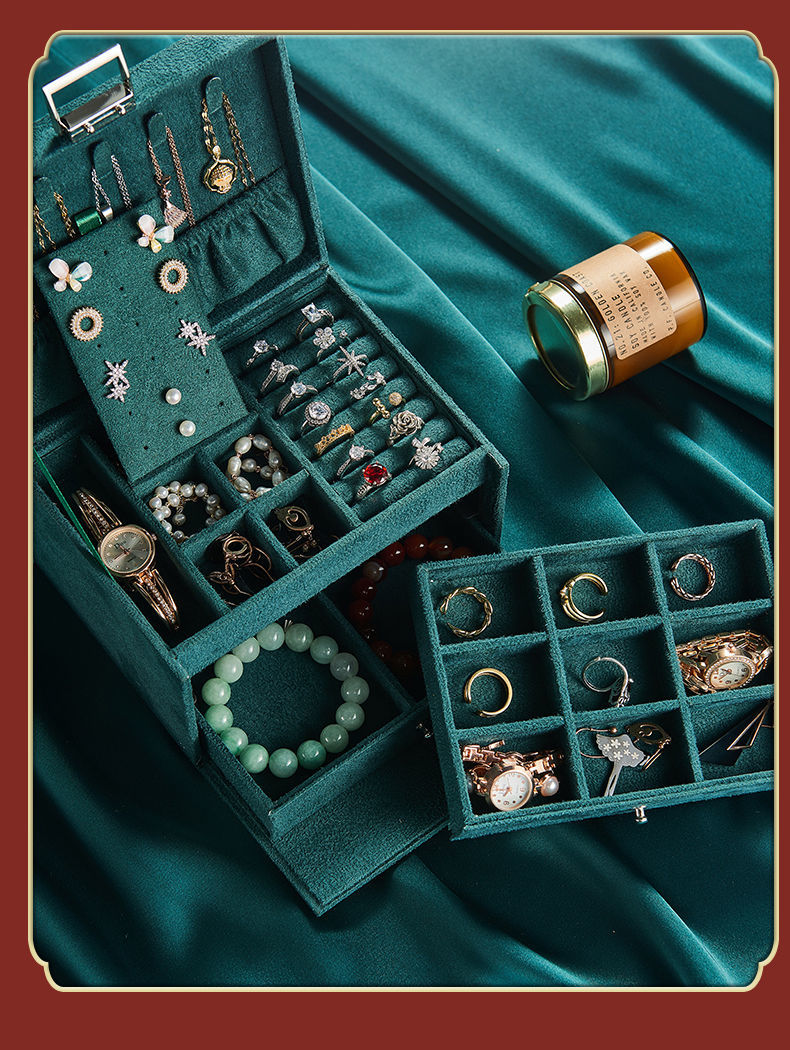 首饰盒复古大容量绒面首饰收纳盒女耳钉耳环多功能首饰盒戒指礼物饰品