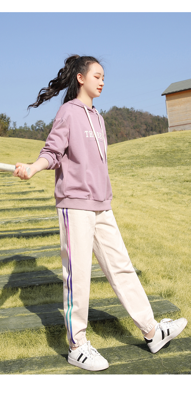 少女学院风宽松休闲韩版青少年运动高初中生两件套紫色卫衣米色马甲s