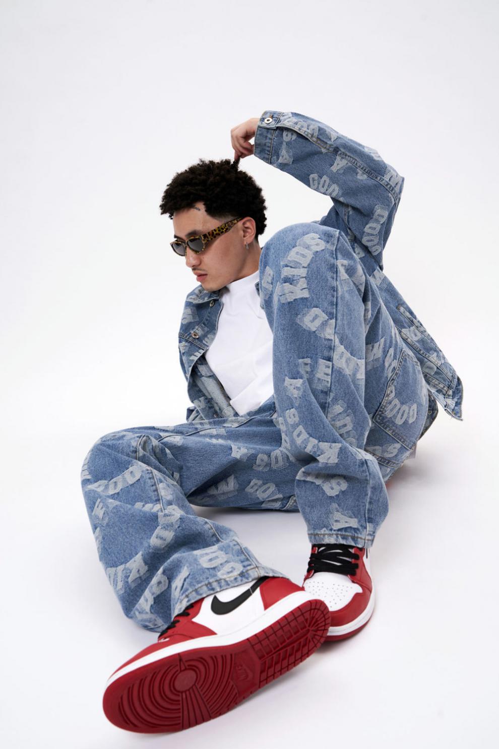 马思唯同款牛仔外套套装春秋复古情侣装设计感提花夹克男女休闲 浅