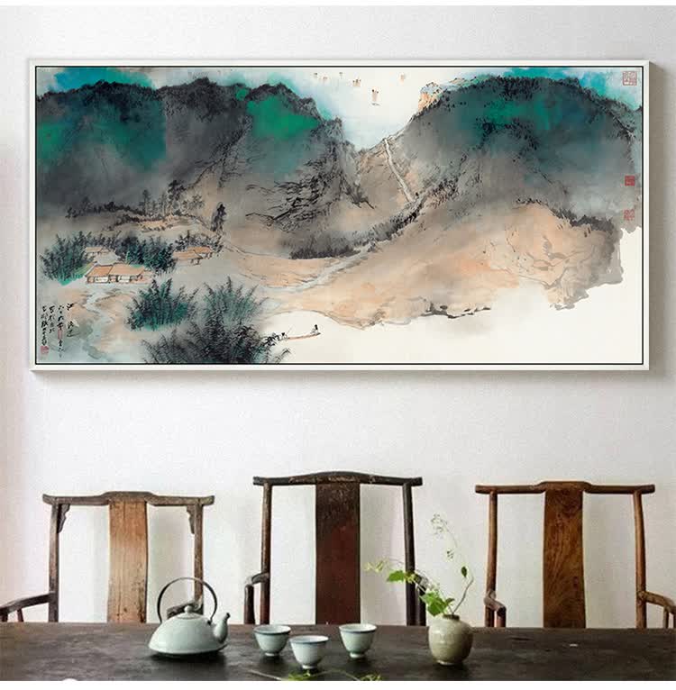 张大千挂画泼墨山水画公司装饰画横幅客厅书房酒店挂画大气壁画大尺寸