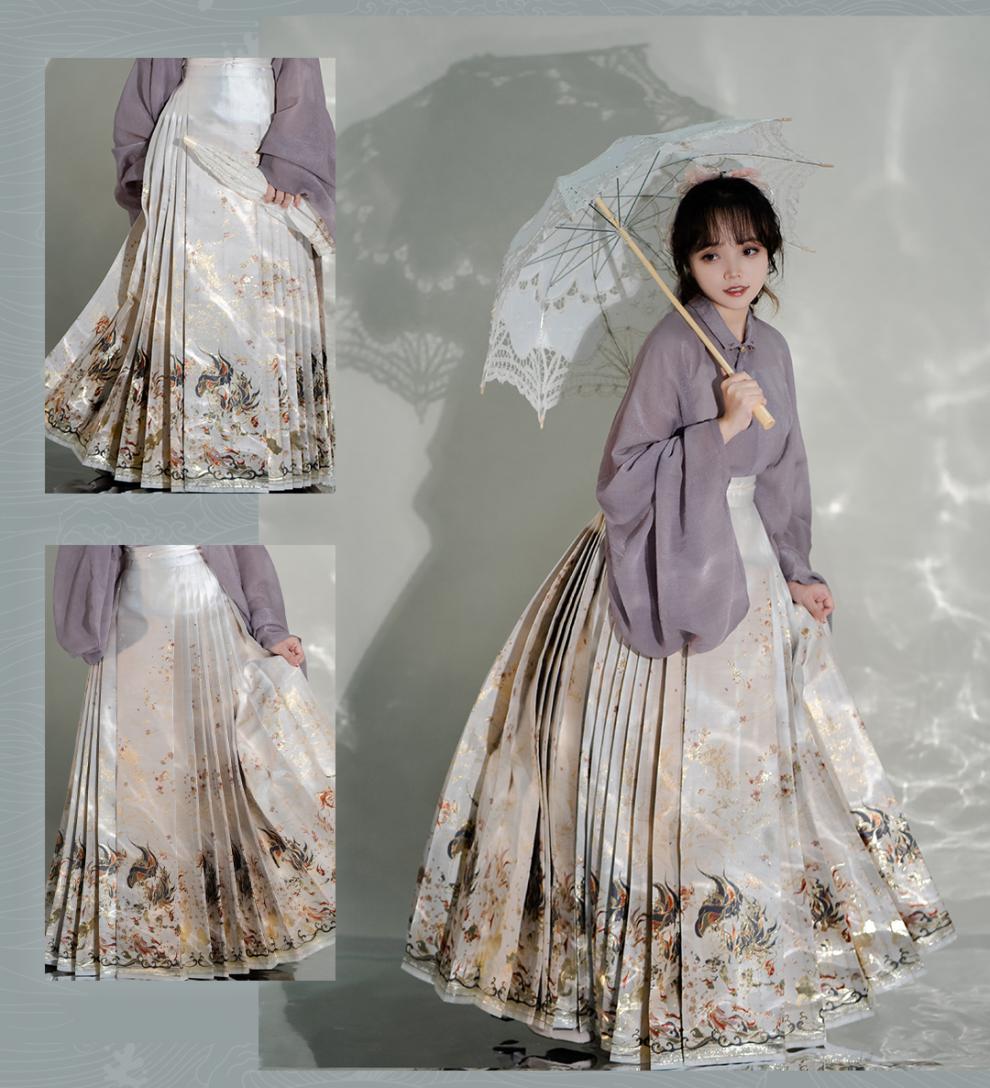 明制汉服 古风汉服女明制织金妆花六米大裙摆百褶马面裙麒麟锦鲤柏舟