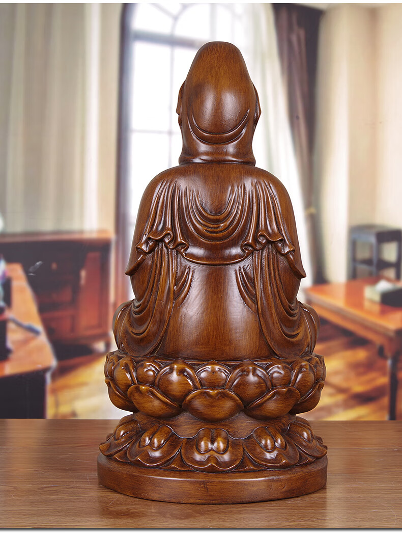 实木雕观音摆件大号木质坐莲观世音菩萨神像家用供奉观音佛像 小号