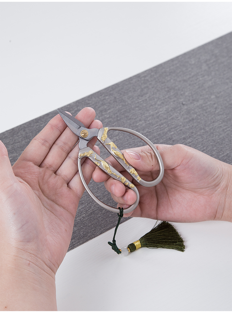 煜釜双仙鹤茶叶剪刀中号带流苏不锈钢茶叶剪刀茶具剪刀大红色