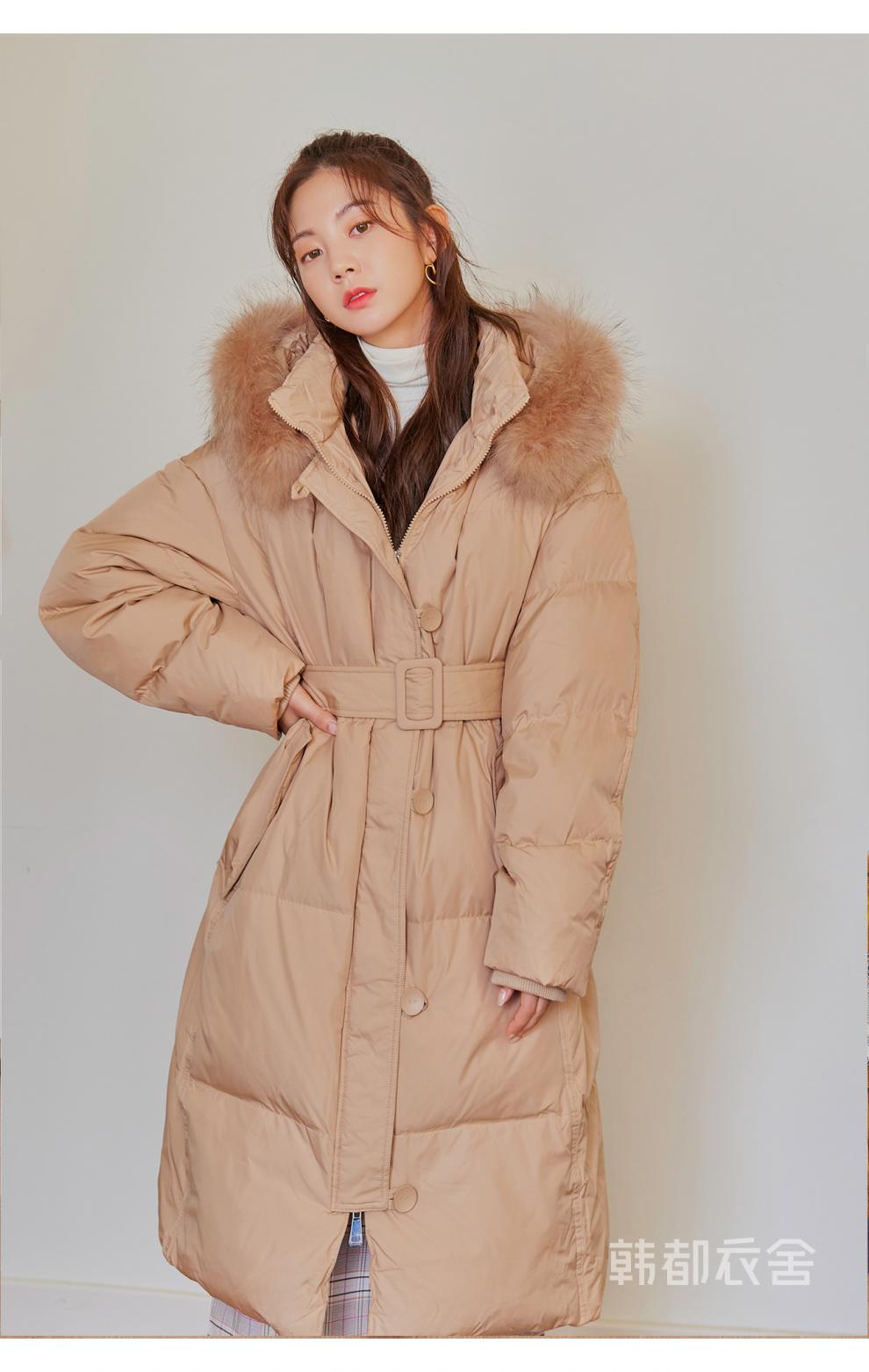 韩都衣舍女保暖貉子毛真毛领中长羽绒服om90970 米白色 l