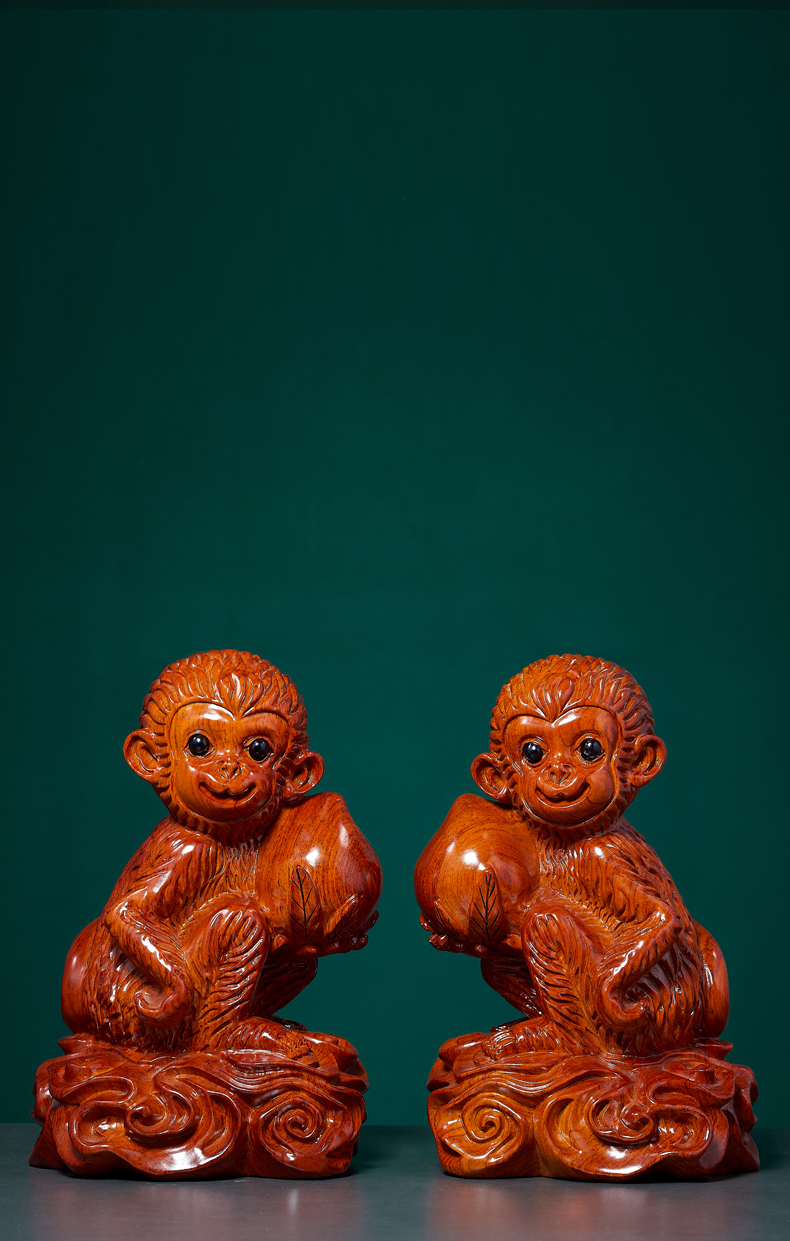 唐砖花梨木雕猴子摆件实木雕刻十二生肖猴子一对红木质灵猴献桃工艺品