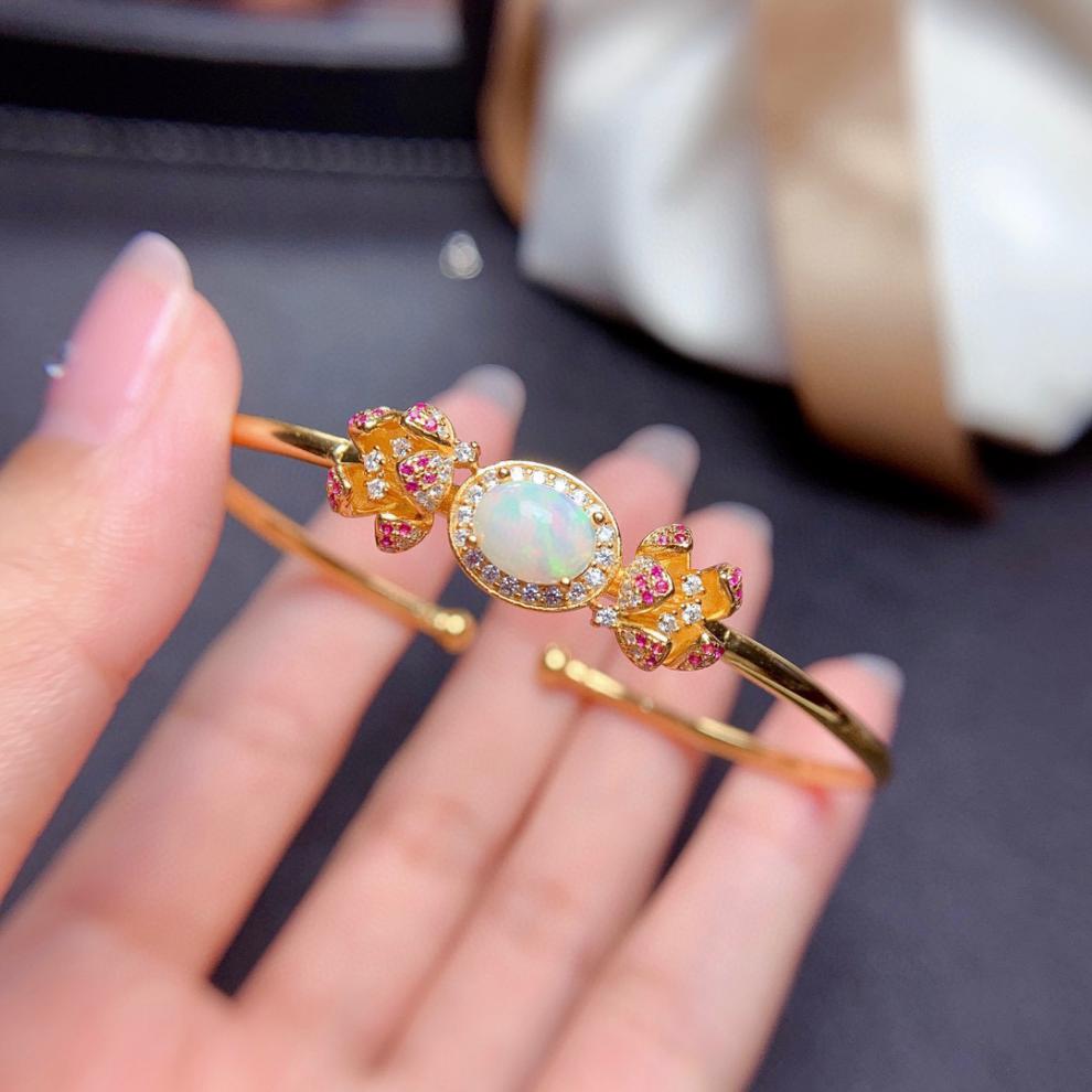 天然炫彩欧泊手镯晶体干净火彩爆闪银镶嵌轻奢日韩银镶嵌