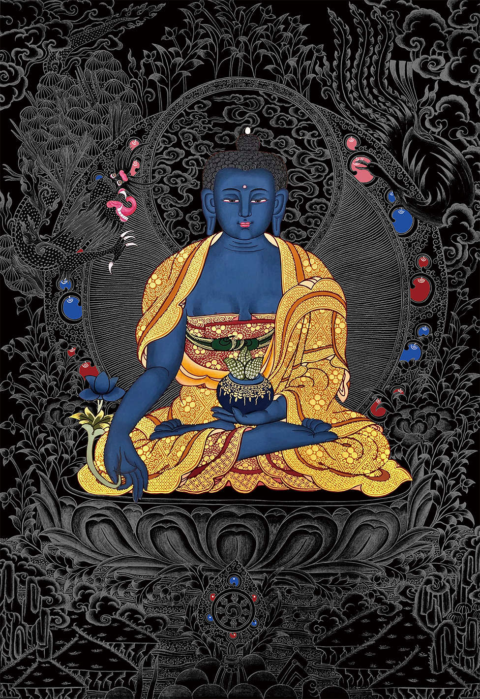 药师琉璃光如来药师佛描金唐卡静心减压佛像涂色线稿diy手绘 黑底 50*