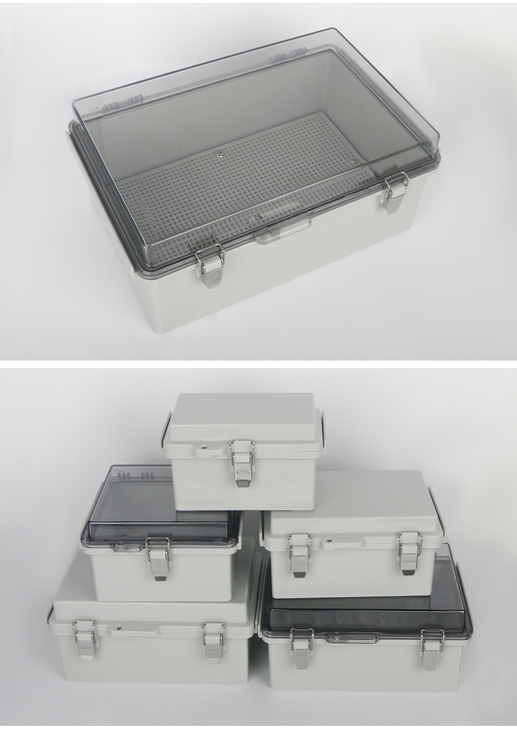 pc阻燃合页搭扣防水盒接线密封箱 透明控制箱带底板 按钮盒配电箱 150