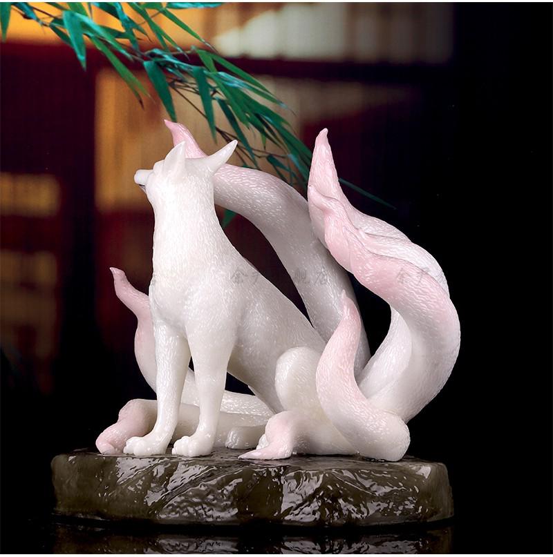 九尾狐仙像 汉白玉坐款九尾狐仙娘娘像神像灵仙供奉招桃花树脂白狐狸