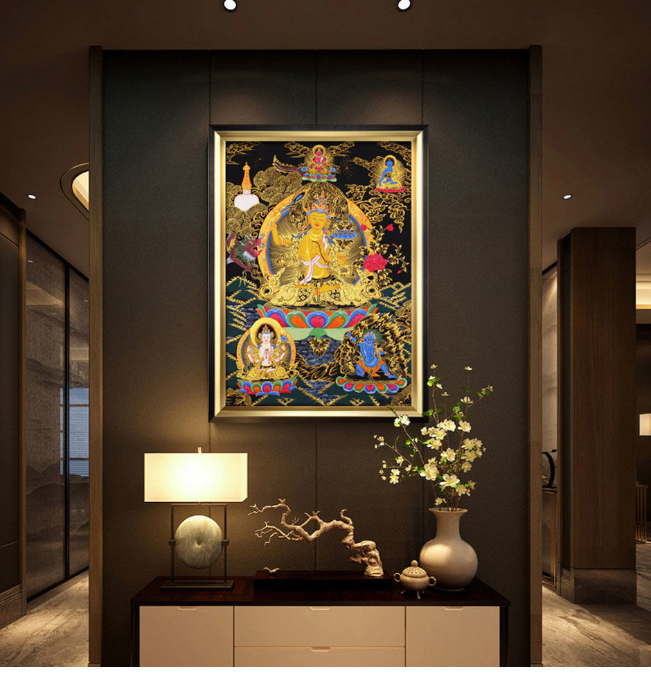 家里墙上挂画客厅餐厅挂画文殊菩萨挂画家用佛像唐卡玄关装饰画释迦牟