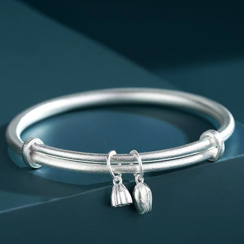 老凤祥款式 万足银9999纯银手镯女古法两世欢莲蓬手镯送女友妈妈礼物