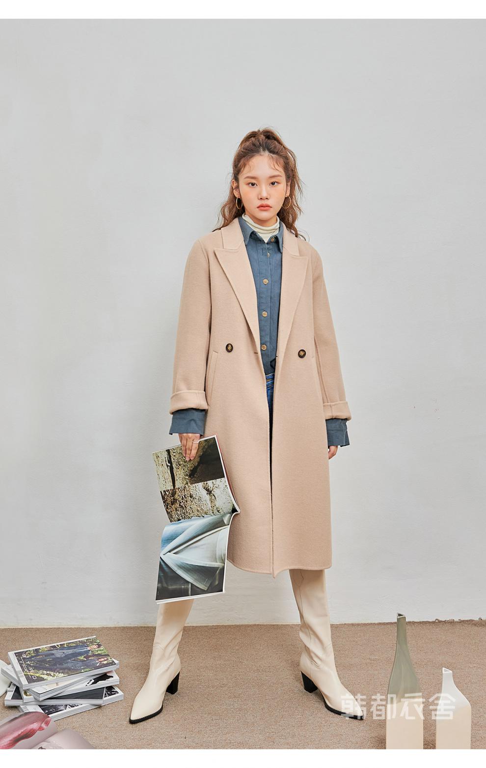 韩都衣舍2021新款呢子双面羊毛大衣女中长款宽松毛呢外套ps9917奶茶色