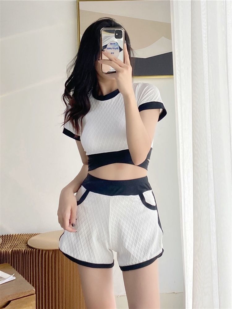 泳衣女泡温泉分体平角三件套显保守学生短袖短裤韩国白色女士成人游泳